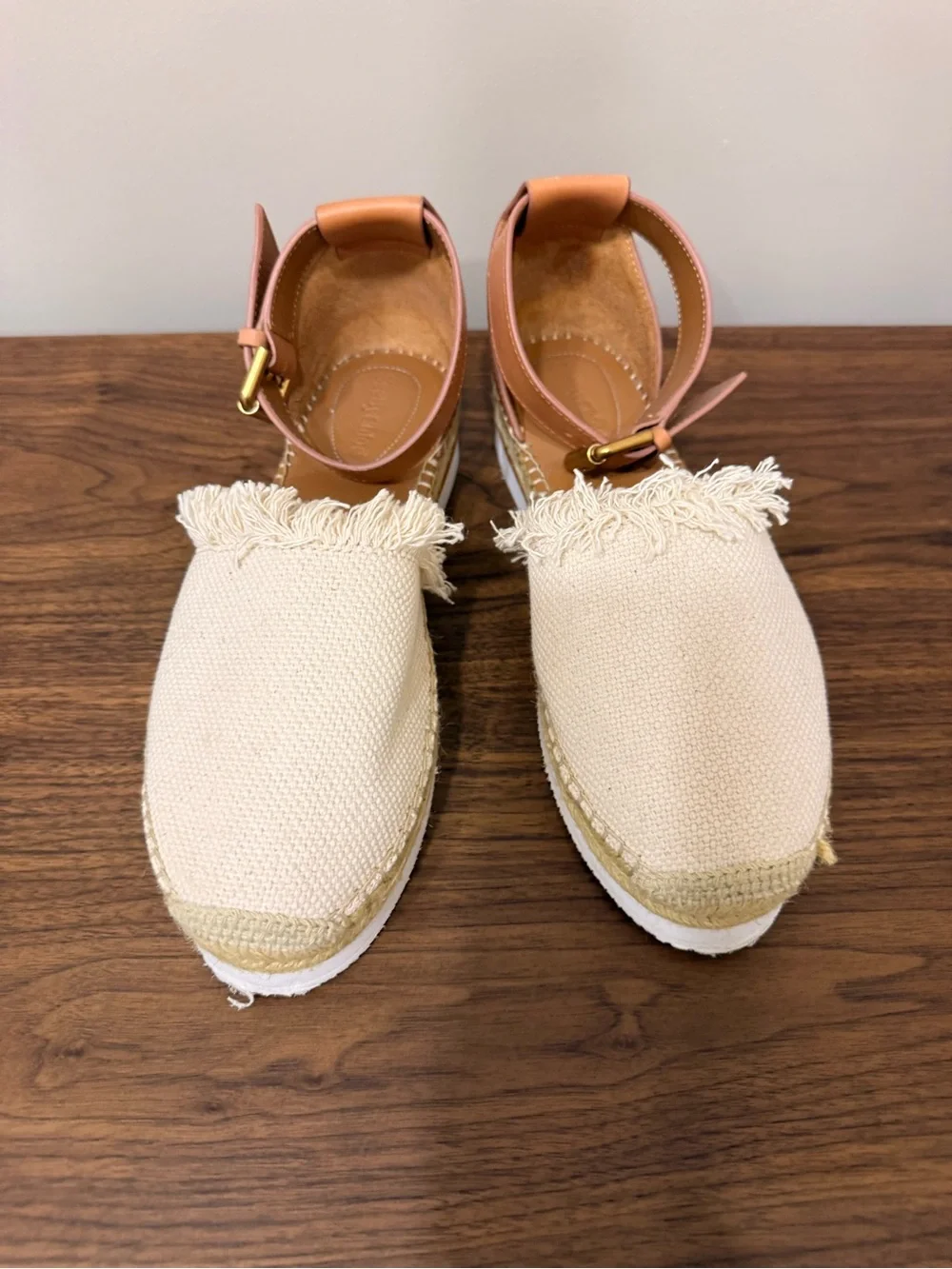 See By Chloé Cream Woven Fringe Espadrille Sandals with Tan Ankle Straps